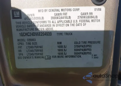 2006 Chevrolet Silverado 2500Hd Work Truck from USA, damaged, VIN 1GCHC24D96E204939